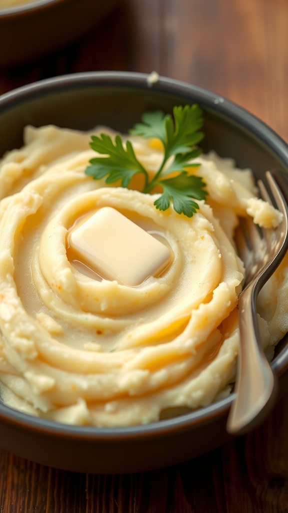 Quick Mashed Potatoes with Skin Recipe Creamy mashed potatoes with skin, garnished with butter and parsley, served in a rustic bowl.